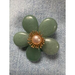 Jade Flower Brooch Pin Faux Pearl Gold Tone